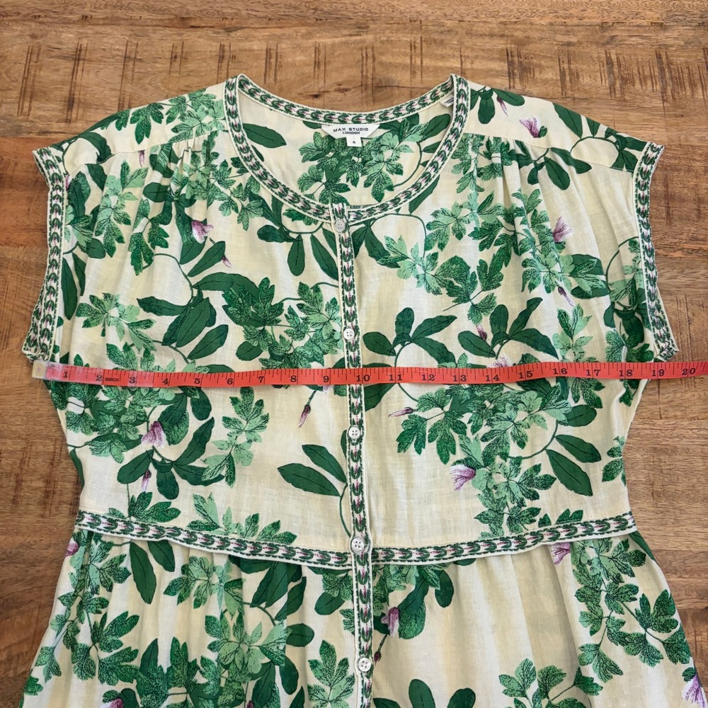 Max Studio Linen Blend Midi Dress S Botanical Floral European Summer Tiered - Picture 10 of 12